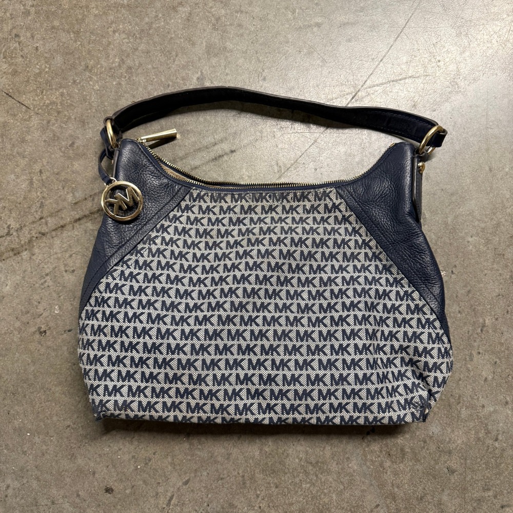 Michael Kors Navy Blue Monogram Canvas Pebbled Leather Hobo Shoulder Bag Gold